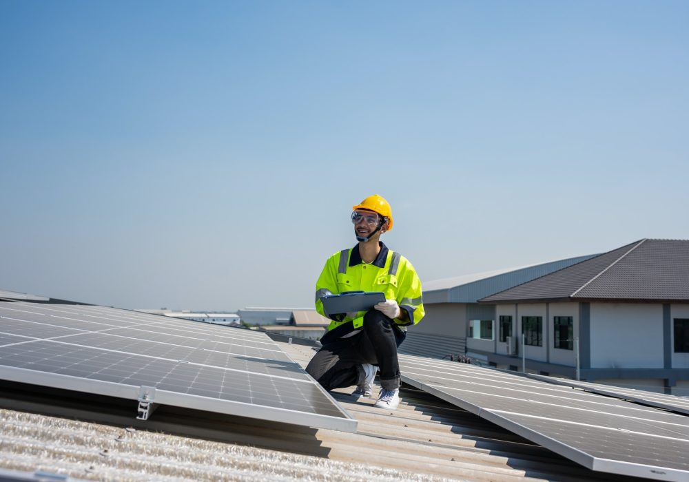 Professional engineer work to maintenance of photovoltaic panel system.